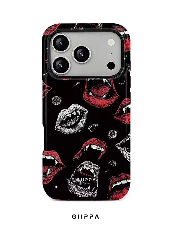 GHIPPA Black Base With Red & White Demon Lips Pattern Design, Wavy Phone Case for iPhone 16 Pro, 16 Pro Max, 17 Pro and 17 Pro Max in Pakistan