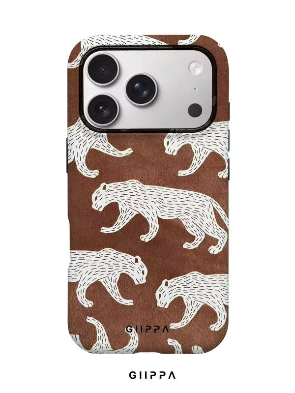 GHIPPA Brown Base With White Leopard Pattern Design Phone Case for iPhone 16 Pro, 16 Pro Max, 17 Pro and 17 Pro Max in Pakistan