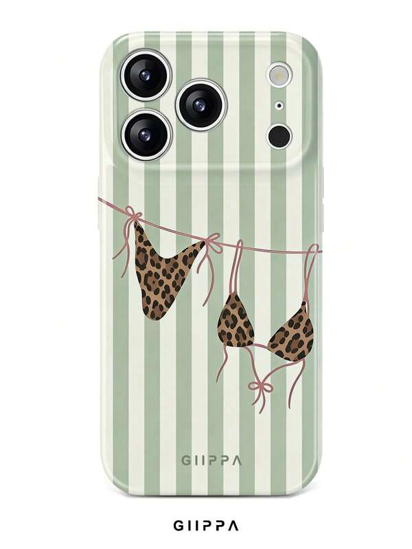 GHIPPA Green & White Striped Background With Leopard Print Bikini Design Phone Case for iPhone 16 Pro, 16 Pro Max, 17 Pro and 17 Pro Max in Pakistan