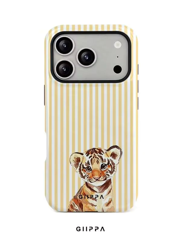 GHIPPA Yellow And White Striped Background With Tiger Pattern Design Phone Case for iPhone 16 Pro, iPhone 16 Pro Max, iPhone 17 Pro and iPhone 17 Pro Max in Pakistan