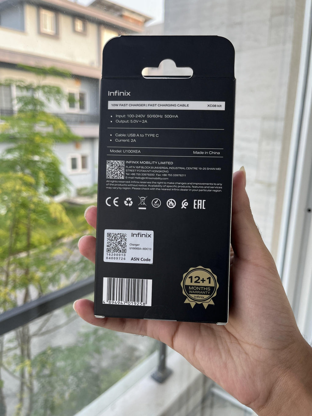 Infinix 10W USB-A charger U100XEA Type-C cable box specifications