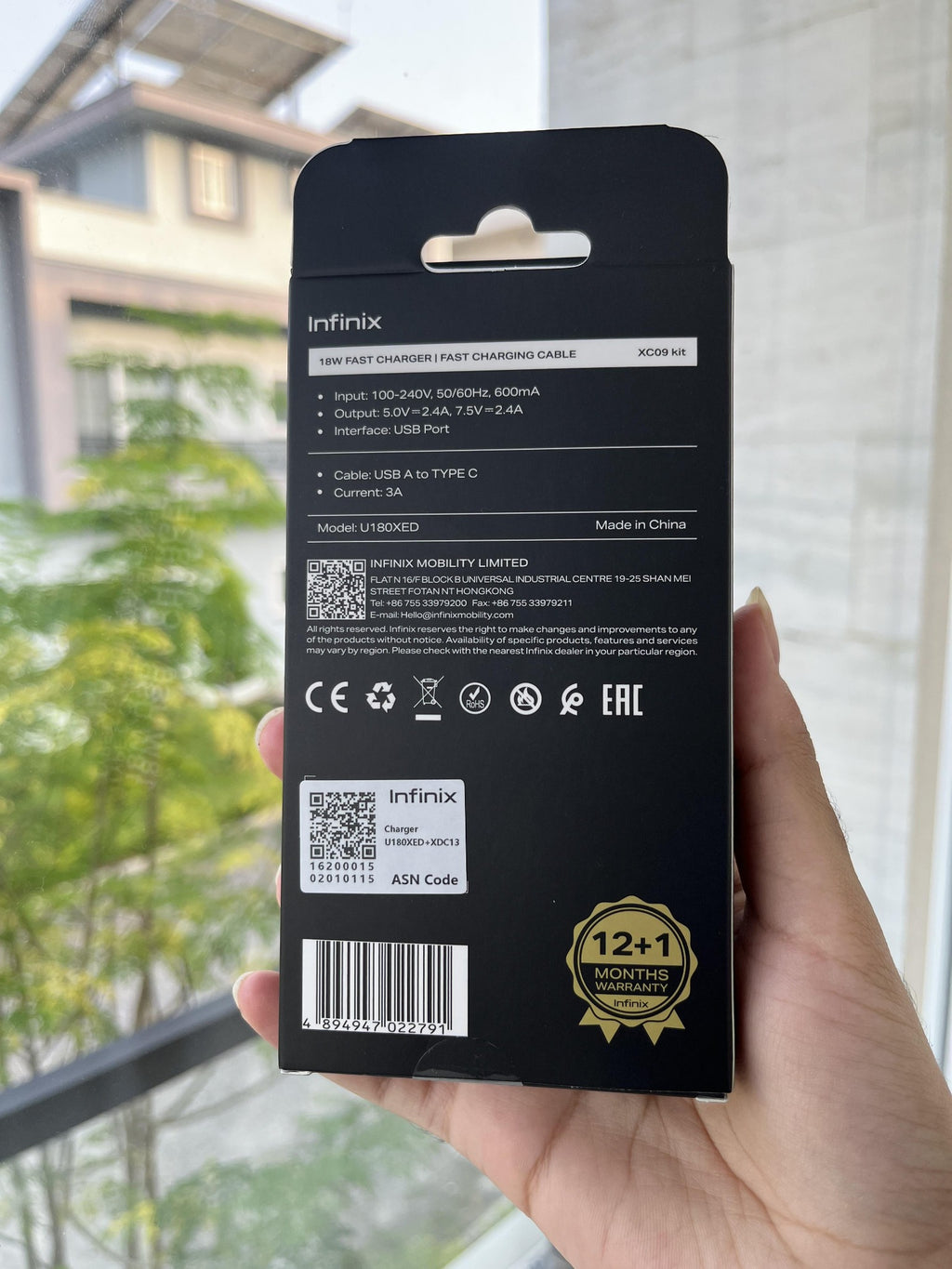 Infinix 18W USB-A charger U180XED Type-C cable box specifications