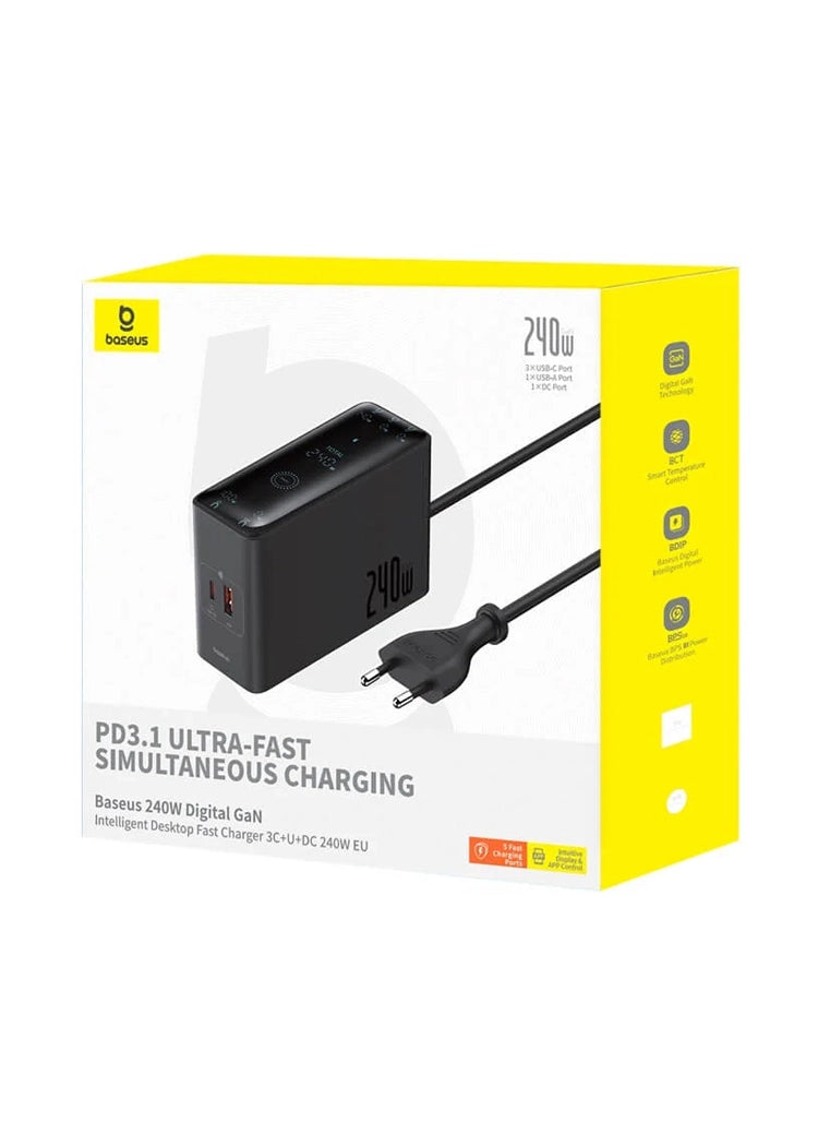 OS-Baseus Digital GaN Intelligent Desktop Fast Charger 3C+U+DC 240W EU Cluster price in Pakistan – Baseus