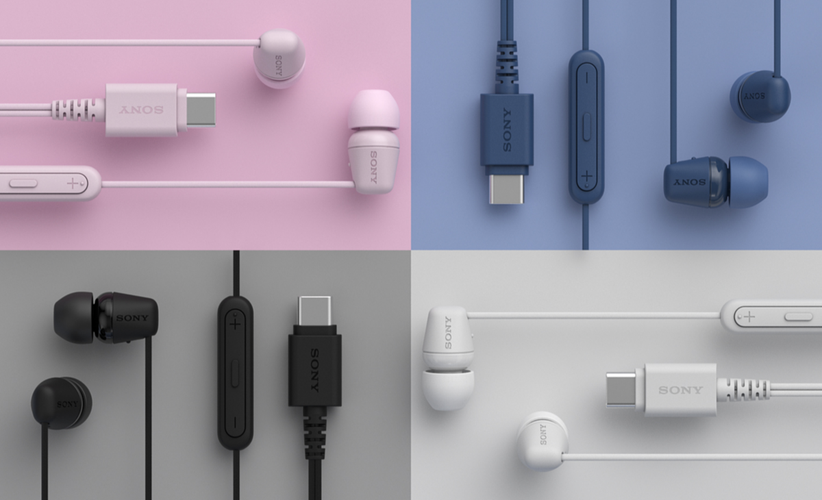 Sony IER-EX15C USB-C wired earphones shown in pink, blue, black and white
